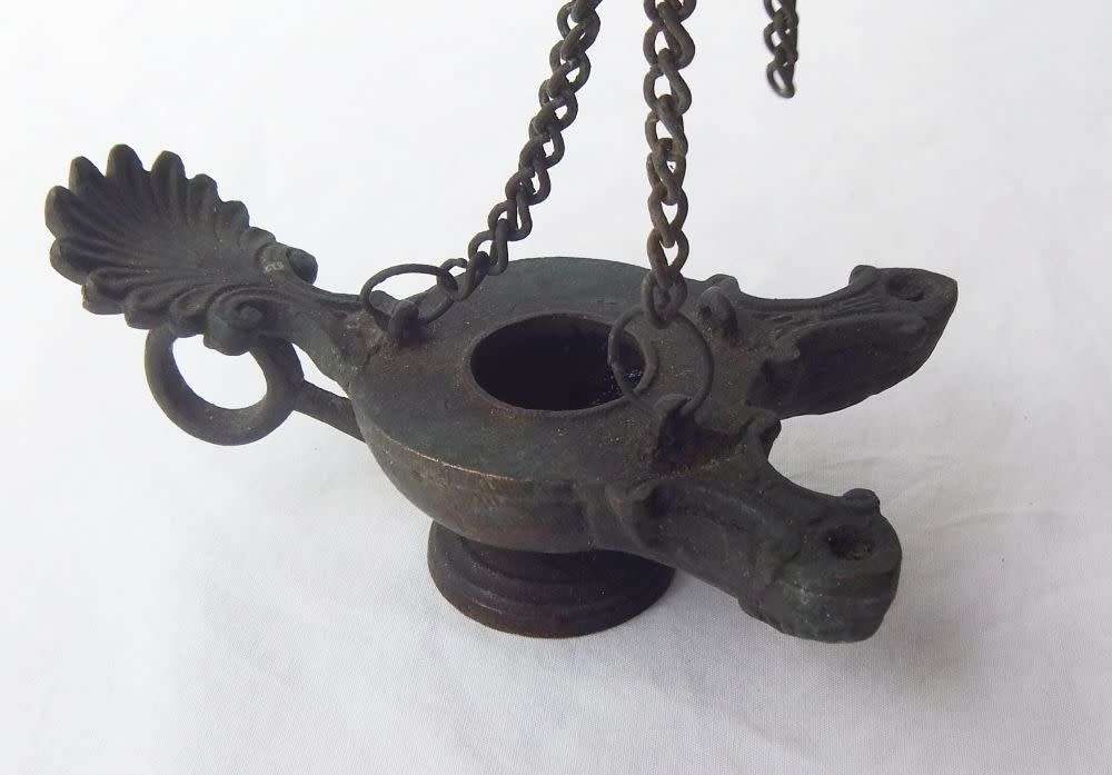 UNUSUAL FINDS !! TWO INTERESTING VERY OLD LOOKING BRONZE METAL OIL LAMPS ? ALADDIN SHAPE !!