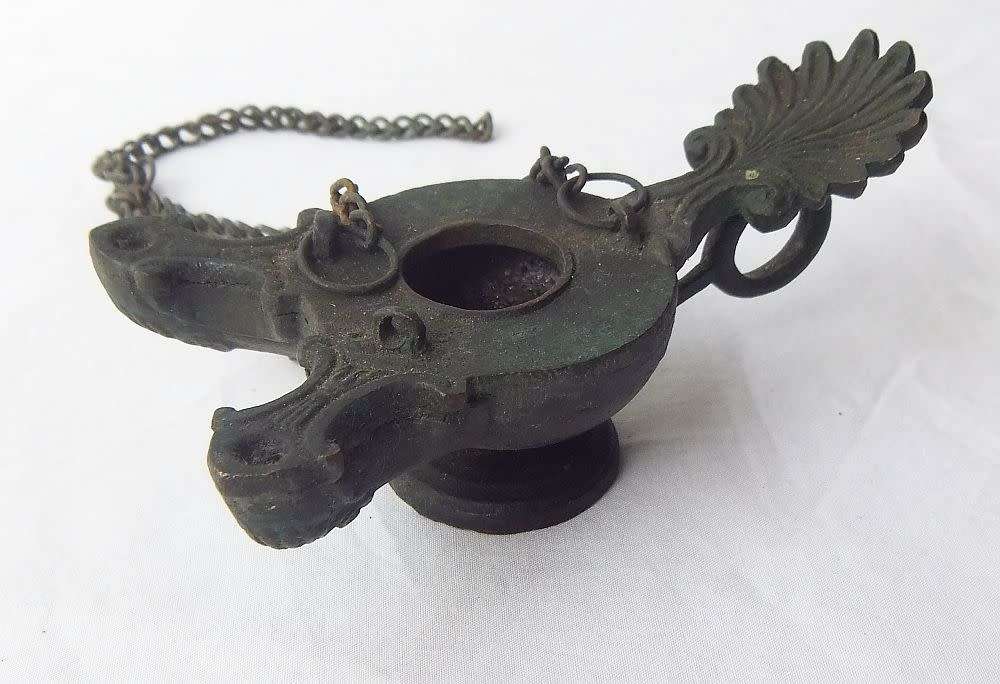 UNUSUAL FINDS !! TWO INTERESTING VERY OLD LOOKING BRONZE METAL OIL LAMPS ? ALADDIN SHAPE !!