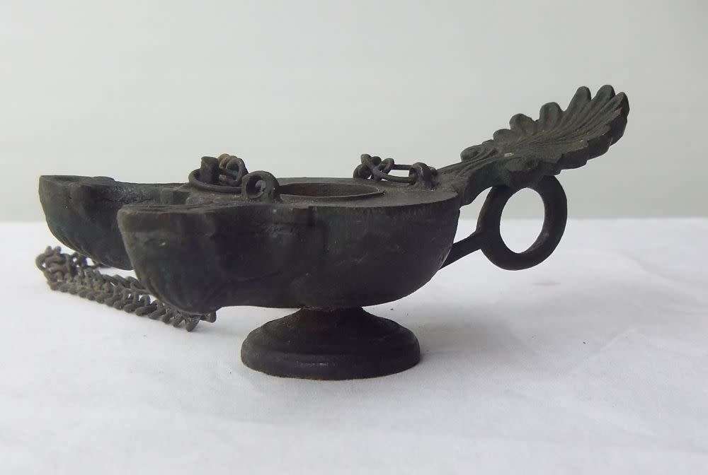 UNUSUAL FINDS !! TWO INTERESTING VERY OLD LOOKING BRONZE METAL OIL LAMPS ? ALADDIN SHAPE !!