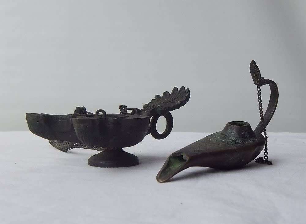 UNUSUAL FINDS !! TWO INTERESTING VERY OLD LOOKING BRONZE METAL OIL LAMPS ? ALADDIN SHAPE !!