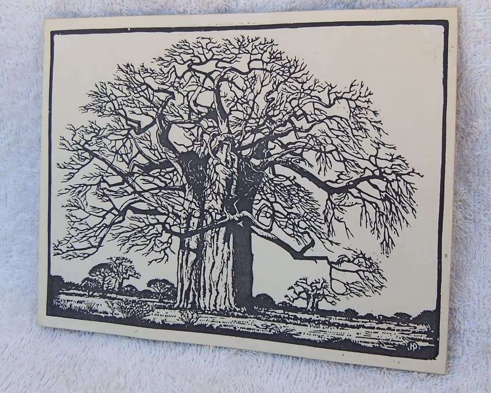 SUPER RARE !! A VINTAGE LINOCUT DEPICTING THE BAOBAB TREE BY FAMOUS SA ARTIST JH PIERNEEF !! WOW !!