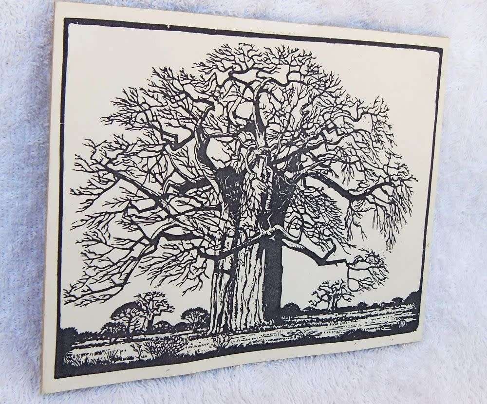 SUPER RARE !! A VINTAGE LINOCUT DEPICTING THE BAOBAB TREE BY FAMOUS SA ARTIST JH PIERNEEF !! WOW !!