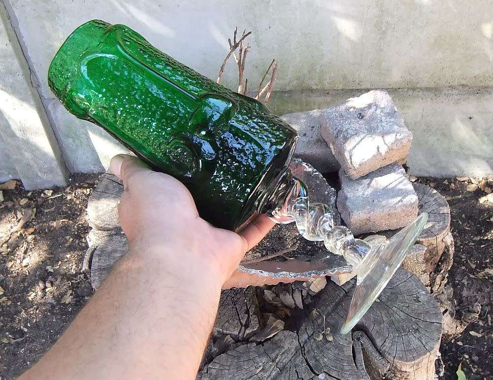 A REMARKABLE VINTAGE 1970`S TEXTURED DARK GREEN GLASS VASE WITH AN EYE CATCHING TWISTED STEM !!