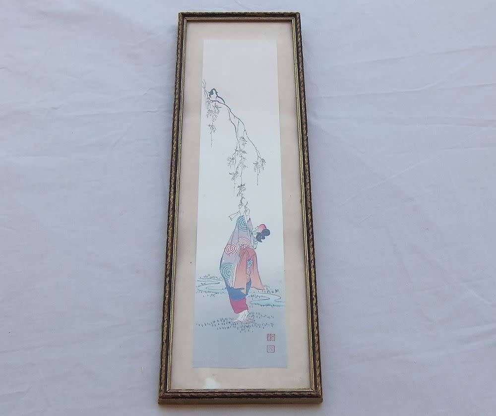 LATE 19TH CENTURY !! A RARE SIGNED ANTIQUE JAPANESE WATERCOLOUR DEPICTING A TRADITIONAL SCENE !! WOW