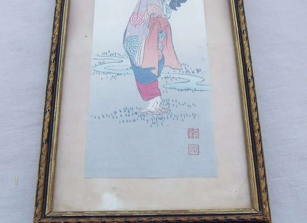 LATE 19TH CENTURY !! A RARE SIGNED ANTIQUE JAPANESE WATERCOLOUR DEPICTING A TRADITIONAL SCENE !! WOW