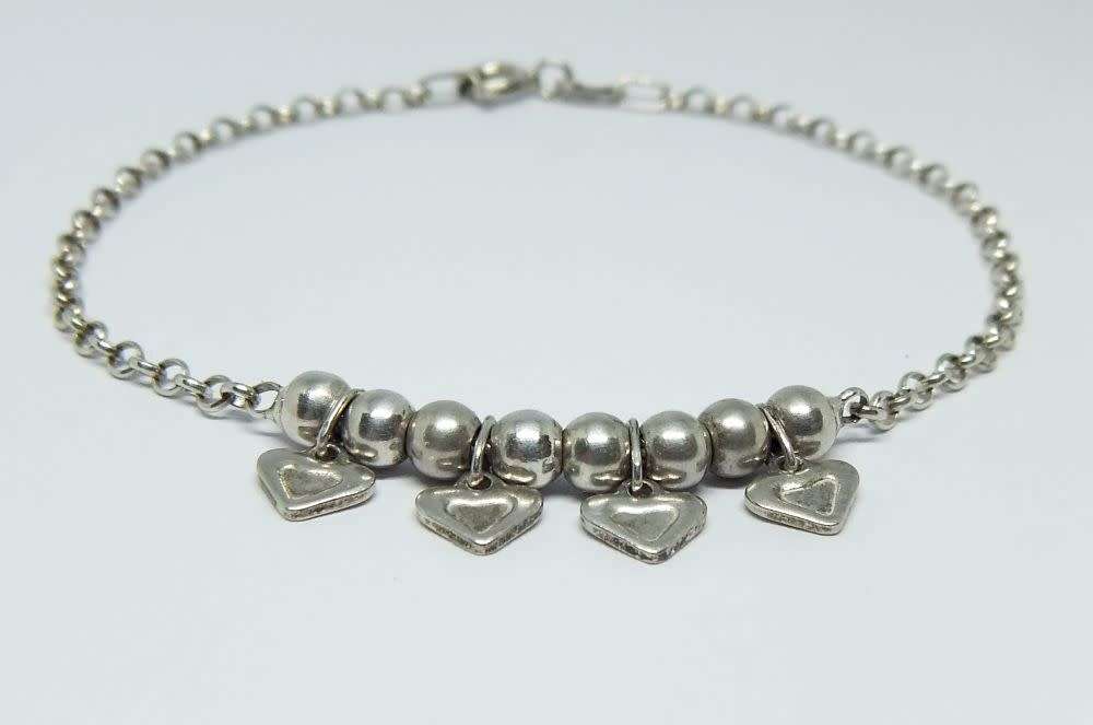 LOOK !! A DAINTY AND CHARMING GENUINE STERLING SILVER BRACELET WITH ORBS AND HEARTS DESIGN !!