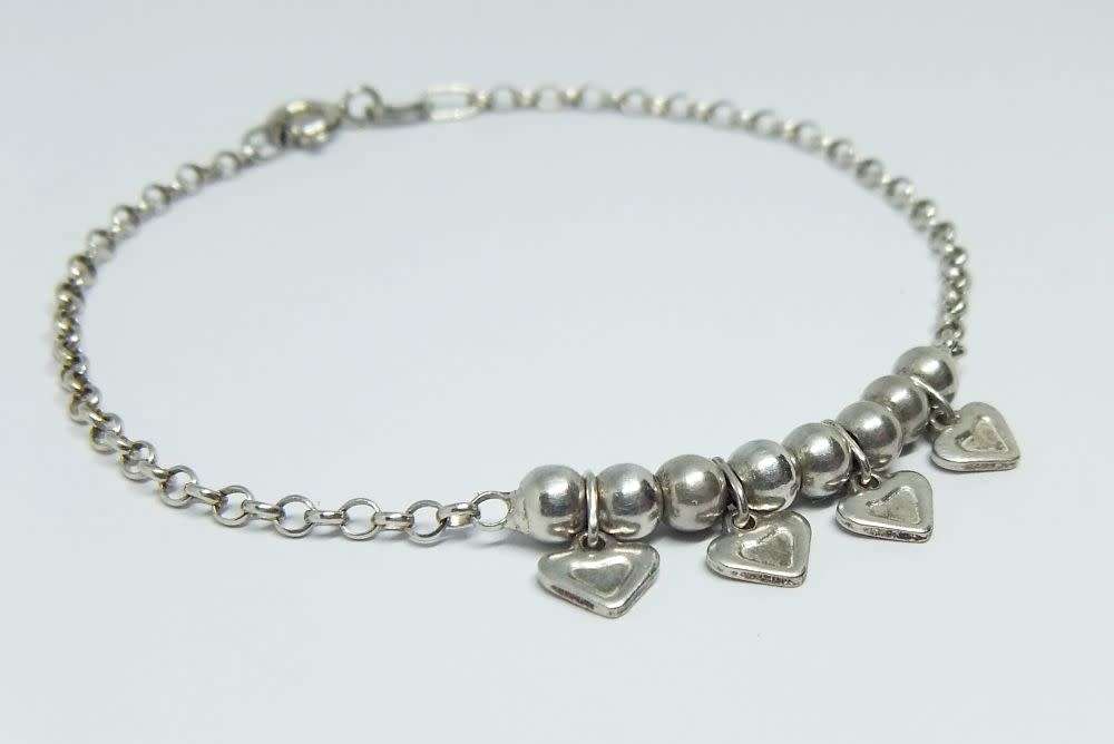 LOOK !! A DAINTY AND CHARMING GENUINE STERLING SILVER BRACELET WITH ORBS AND HEARTS DESIGN !!