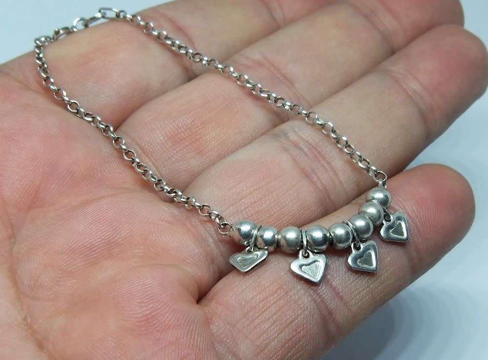 LOOK !! A DAINTY AND CHARMING GENUINE STERLING SILVER BRACELET WITH ORBS AND HEARTS DESIGN !!