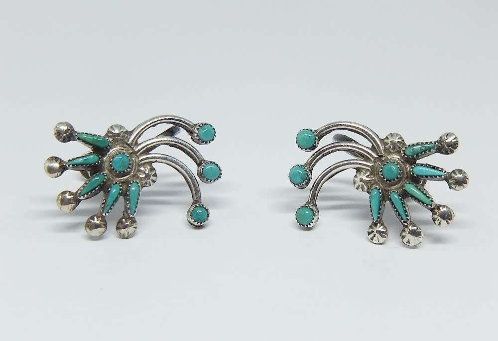 A vintage pair of sterling silver screw on earrings with Turquoise insets