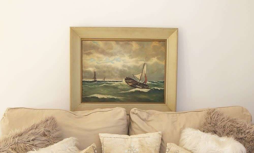 A large 1950`s vintage original oil on board seascape painting signed by the artist