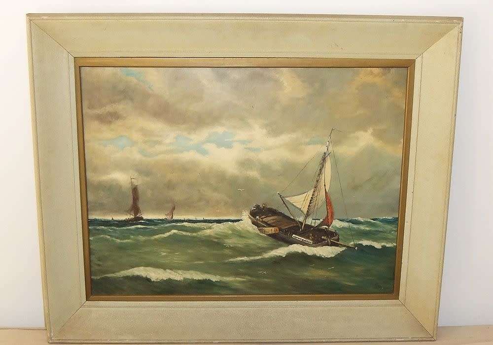 A large 1950`s vintage original oil on board seascape painting signed by the artist