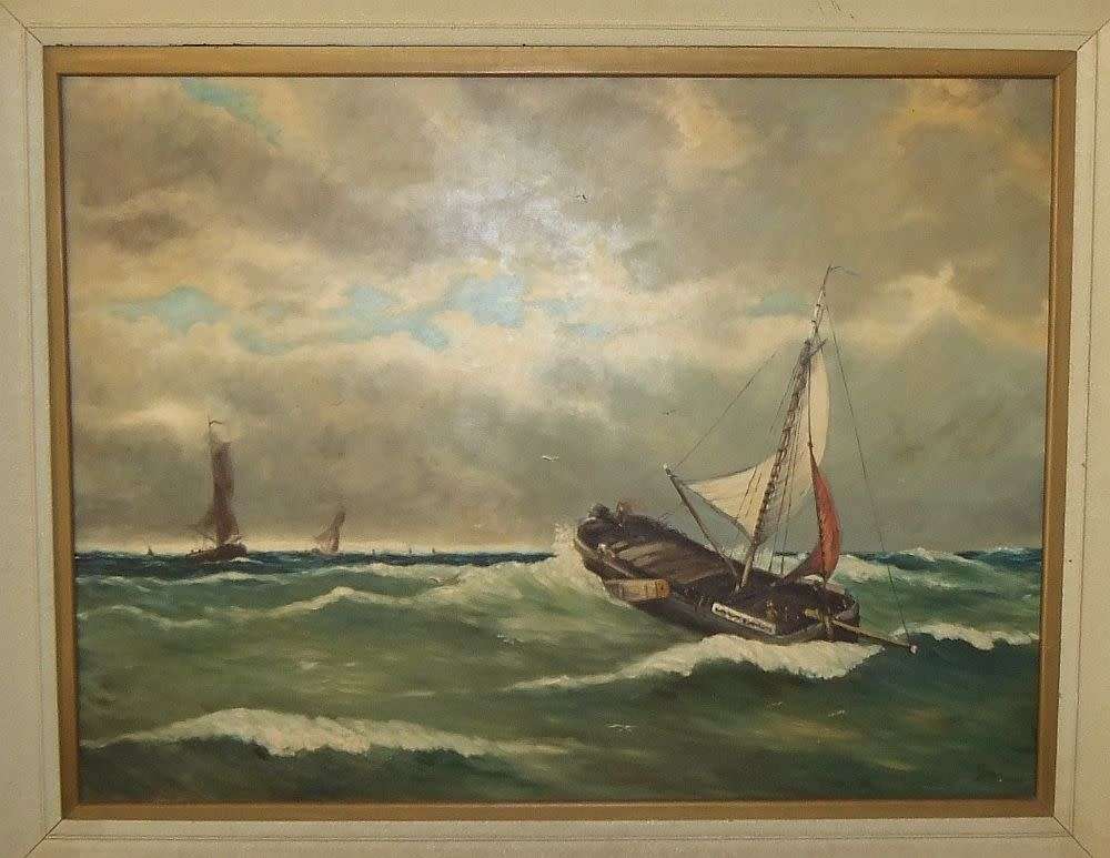 A large 1950`s vintage original oil on board seascape painting signed by the artist