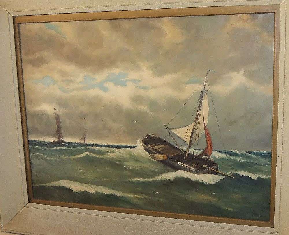 A large 1950`s vintage original oil on board seascape painting signed by the artist