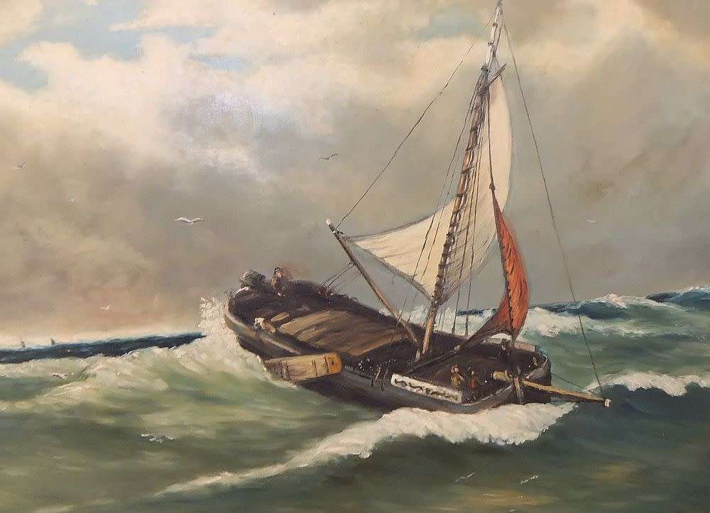 A large 1950`s vintage original oil on board seascape painting signed by the artist