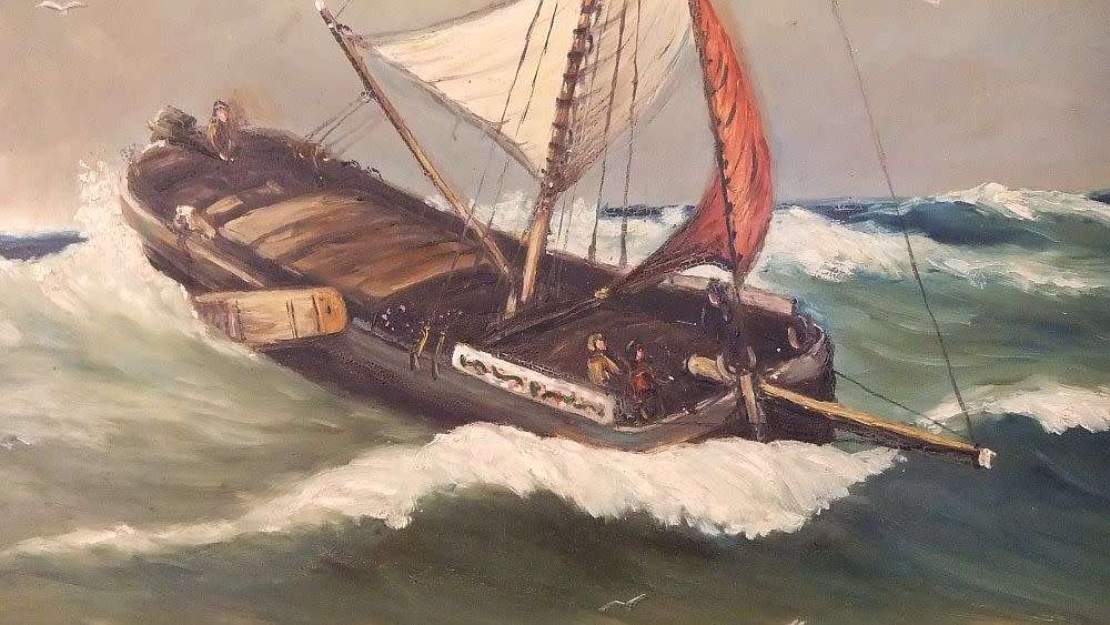 A large 1950`s vintage original oil on board seascape painting signed by the artist