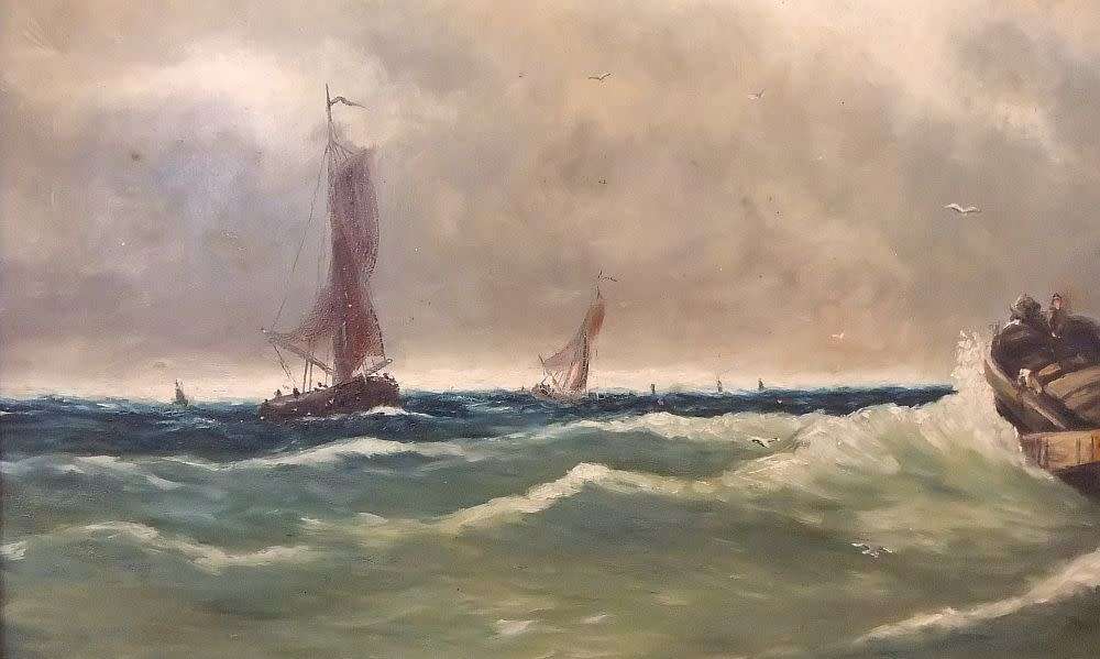 A large 1950`s vintage original oil on board seascape painting signed by the artist