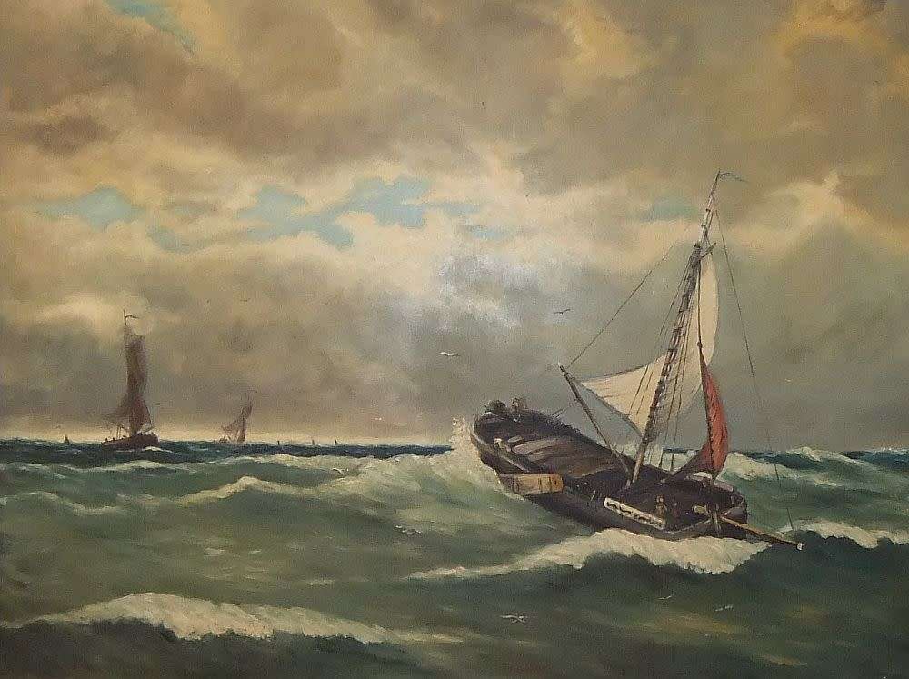 A large 1950`s vintage original oil on board seascape painting signed by the artist