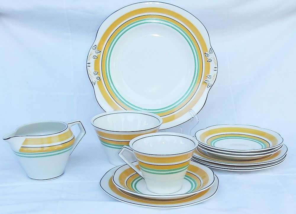 A rare lot of Art Deco period porcelain by Woods Ivory Ware including a trio & snack dish