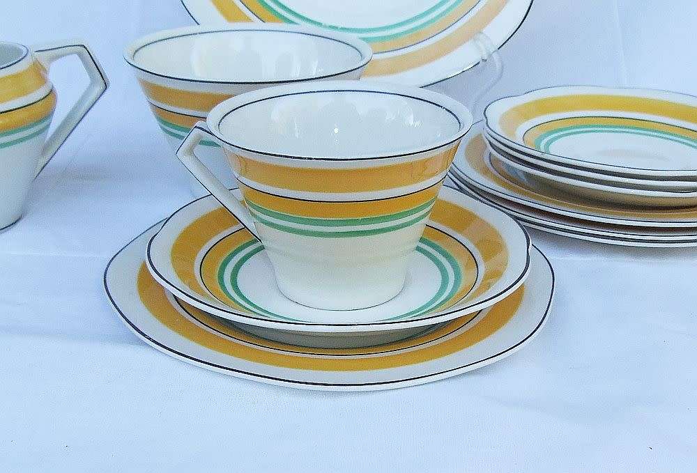 A rare lot of Art Deco period porcelain by Woods Ivory Ware including a trio & snack dish