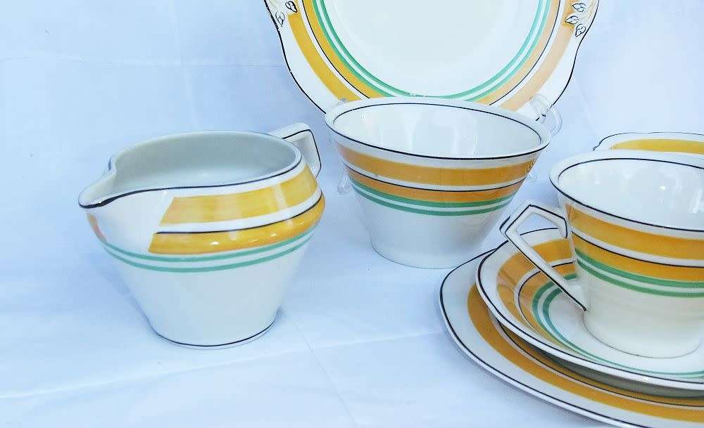 A rare lot of Art Deco period porcelain by Woods Ivory Ware including a trio & snack dish