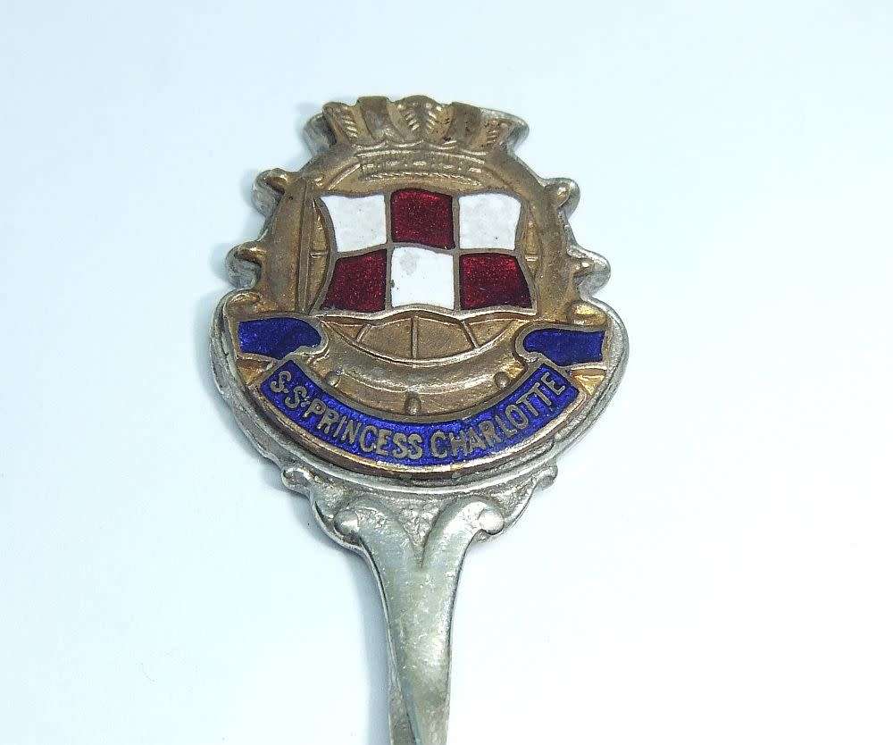 A vintage commemorative silverplate teaspoon made for the S.S Princess Charlotte Ocean Liner
