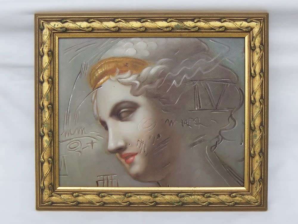 An oil painting of a Grecian style lady figure