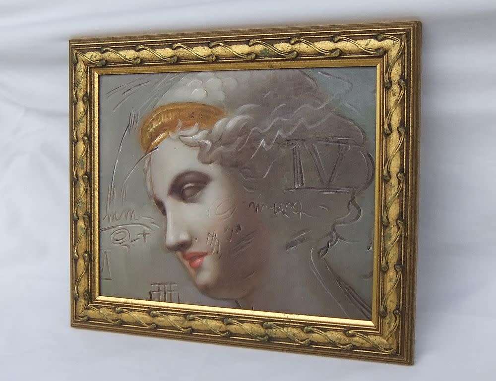 An oil painting of a Grecian style lady figure