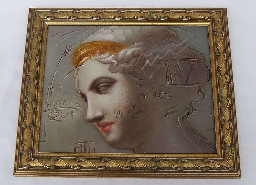 An oil painting of a Grecian style lady figure