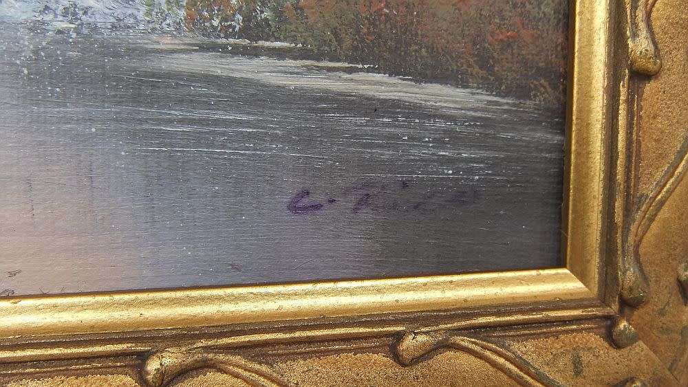 A signed oil painting depicting a forrest landscape with cottage and waterfalls