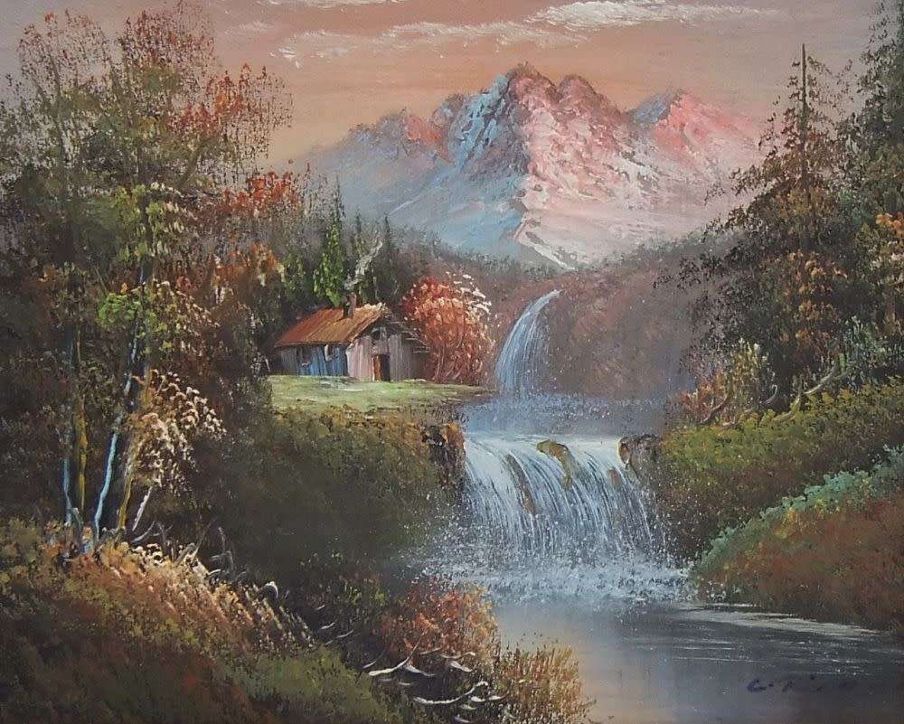 A signed oil painting depicting a forrest landscape with cottage and waterfalls