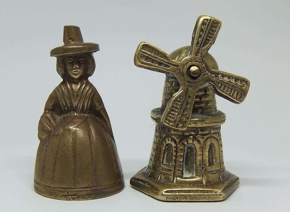 Totally adorable !! A vintage solid brass miniature windmill bell and a Welsh lady bell