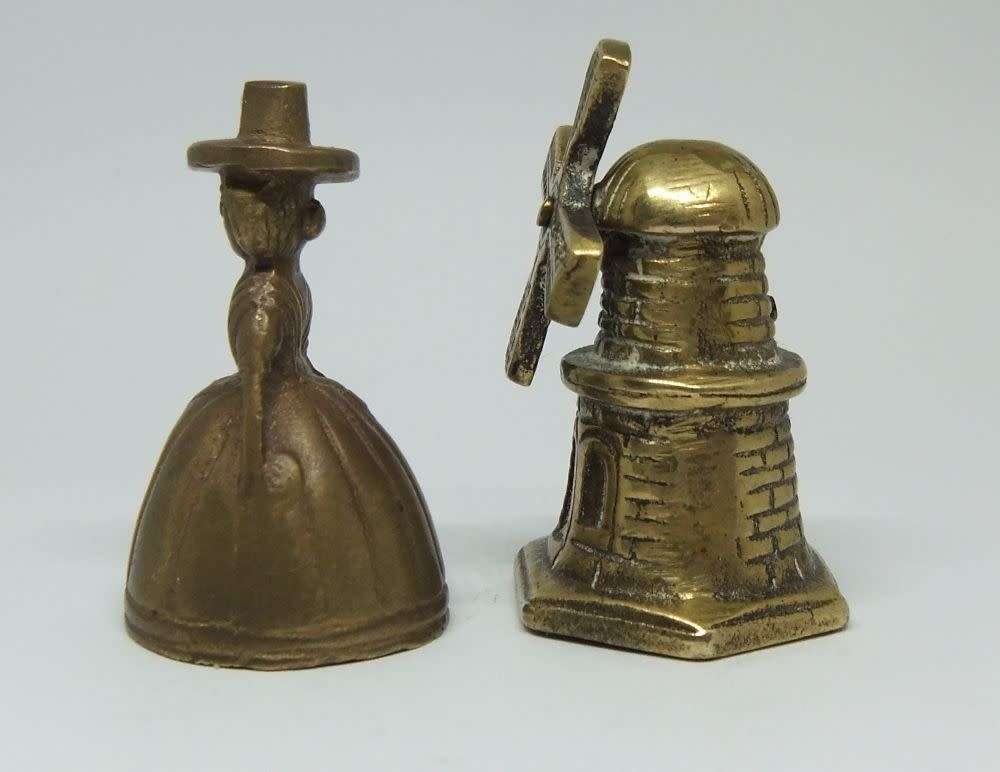 Totally adorable !! A vintage solid brass miniature windmill bell and a Welsh lady bell