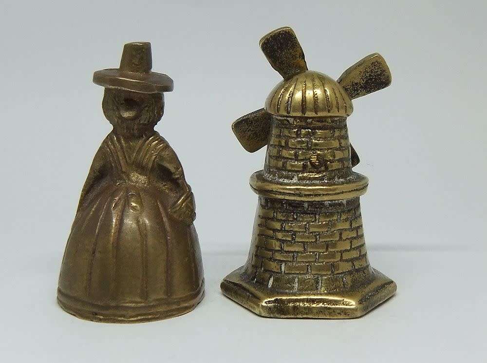 Totally adorable !! A vintage solid brass miniature windmill bell and a Welsh lady bell