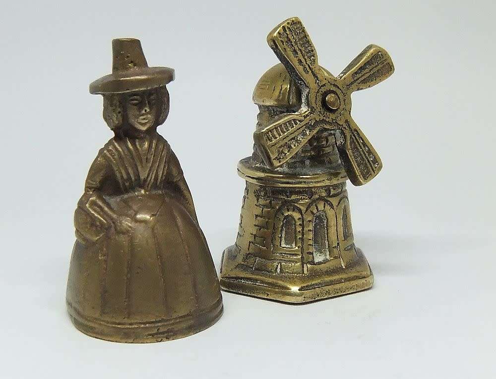 Totally adorable !! A vintage solid brass miniature windmill bell and a Welsh lady bell
