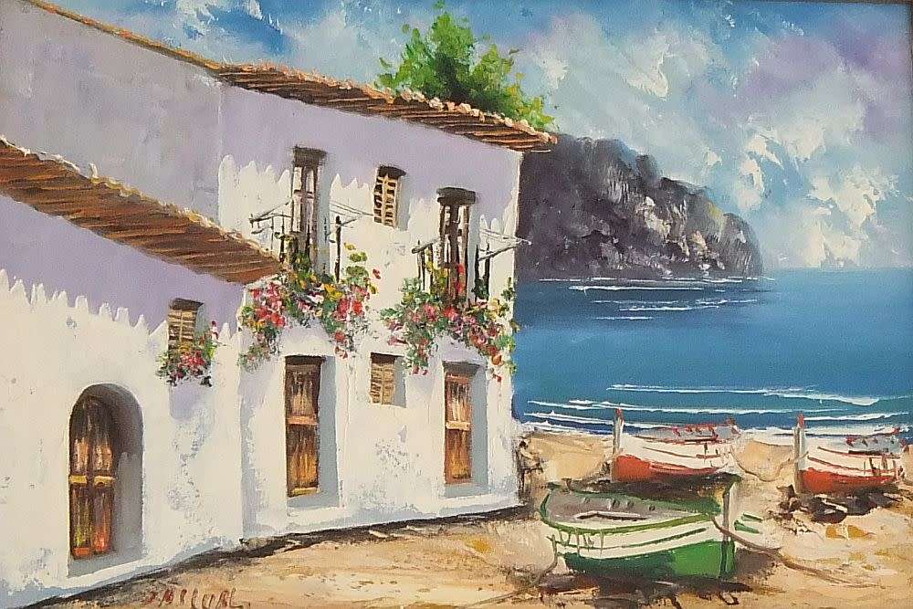 An original signed oil on board Spanish coastal village painting by Spanish artist Juan Pascual