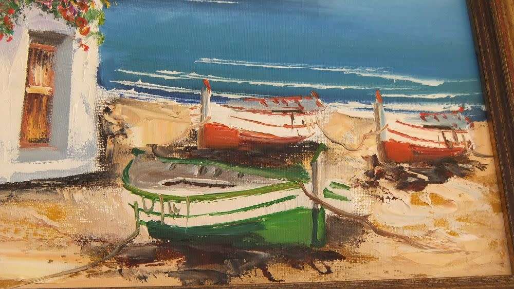 An original signed oil on board Spanish coastal village painting by Spanish artist Juan Pascual