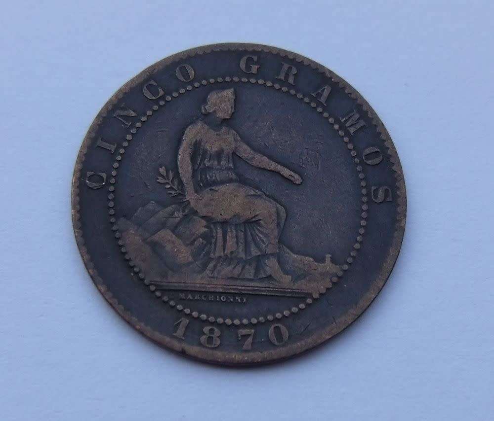 A cool find in SA ... An antique 1870 Spanish 5 Cinco Gramos Centimos coin - see detail