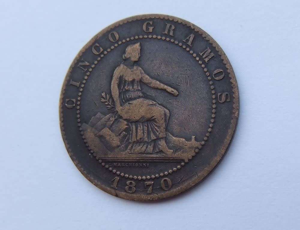 A cool find in SA ... An antique 1870 Spanish 5 Cinco Gramos Centimos coin - see detail