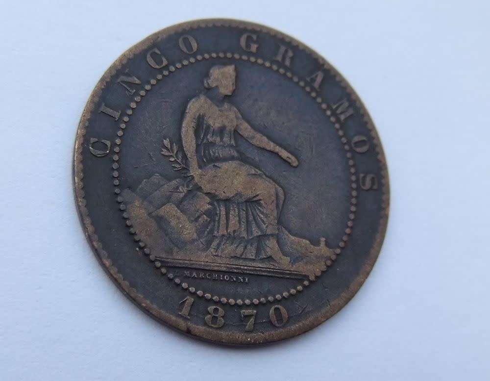 A cool find in SA ... An antique 1870 Spanish 5 Cinco Gramos Centimos coin - see detail