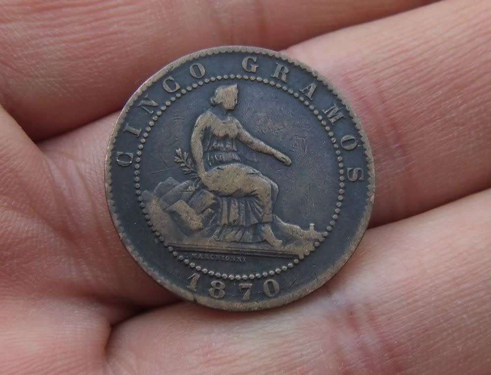 A cool find in SA ... An antique 1870 Spanish 5 Cinco Gramos Centimos coin - see detail