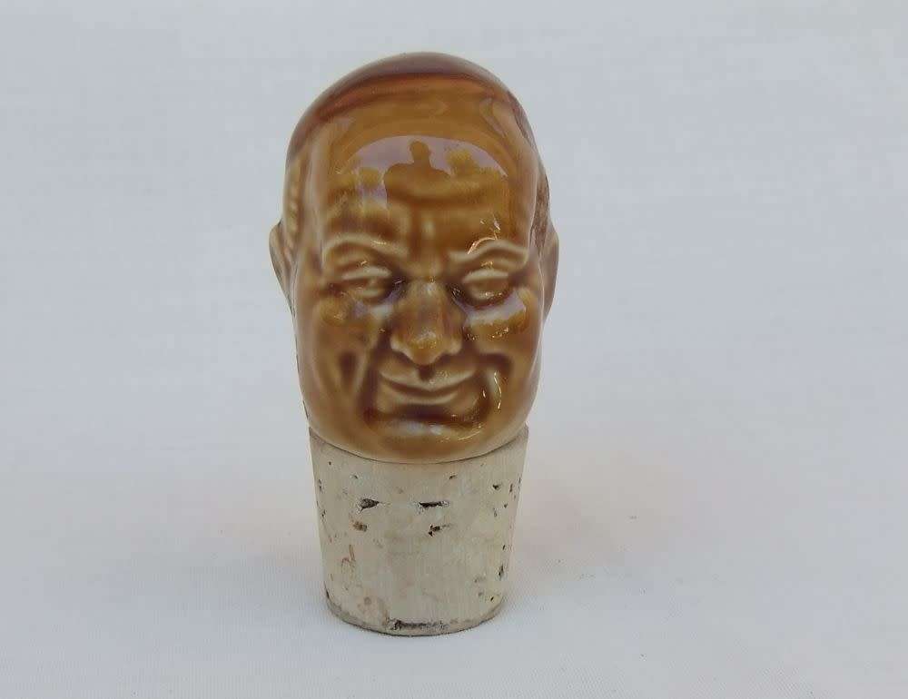 R50 SALE !! A RARE VINTAGE PORCELAIN SMILING MONK HEAD CORK STOPPER
