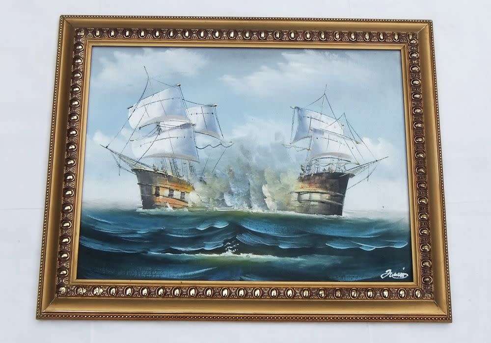 A REALLY COOL SIGNED ORIGINAL OIL ON CANVAS PAINTING DEPICTING SHIPS IN BATTLE !! WOW !!