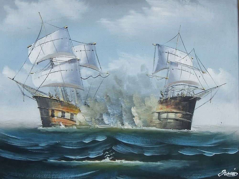 A REALLY COOL SIGNED ORIGINAL OIL ON CANVAS PAINTING DEPICTING SHIPS IN BATTLE !! WOW !!