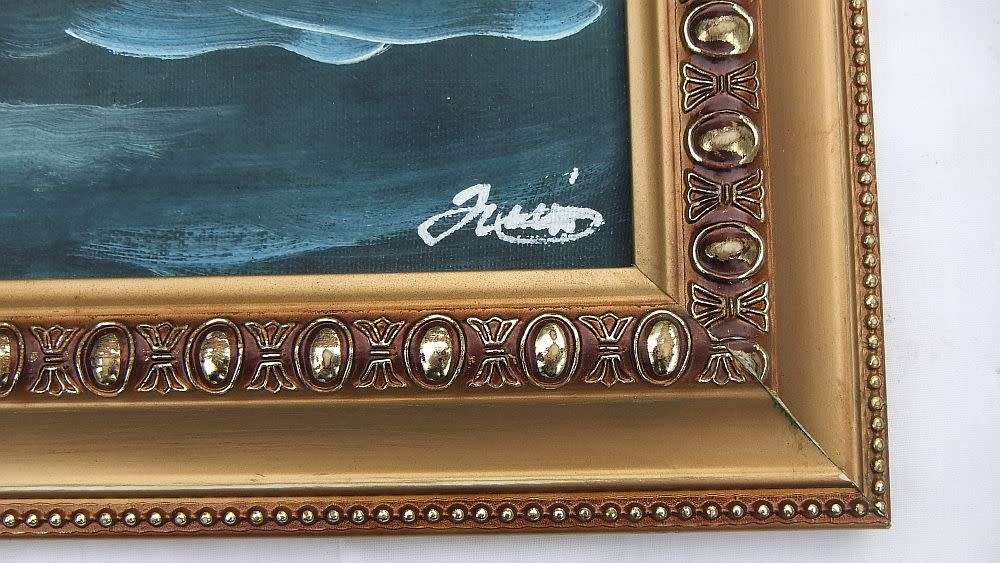 A REALLY COOL SIGNED ORIGINAL OIL ON CANVAS PAINTING DEPICTING SHIPS IN BATTLE !! WOW !!