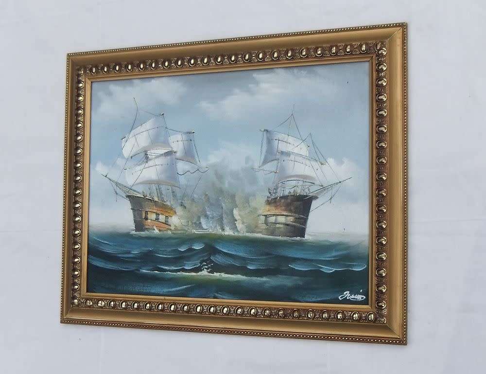 A REALLY COOL SIGNED ORIGINAL OIL ON CANVAS PAINTING DEPICTING SHIPS IN BATTLE !! WOW !!