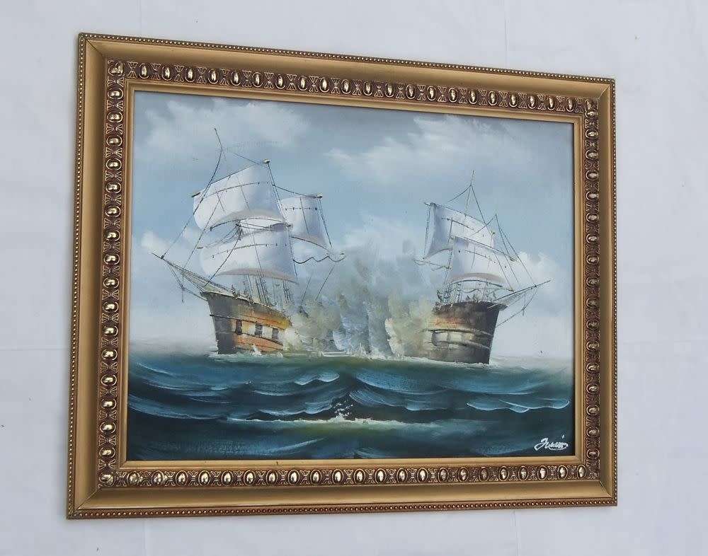 A REALLY COOL SIGNED ORIGINAL OIL ON CANVAS PAINTING DEPICTING SHIPS IN BATTLE !! WOW !!