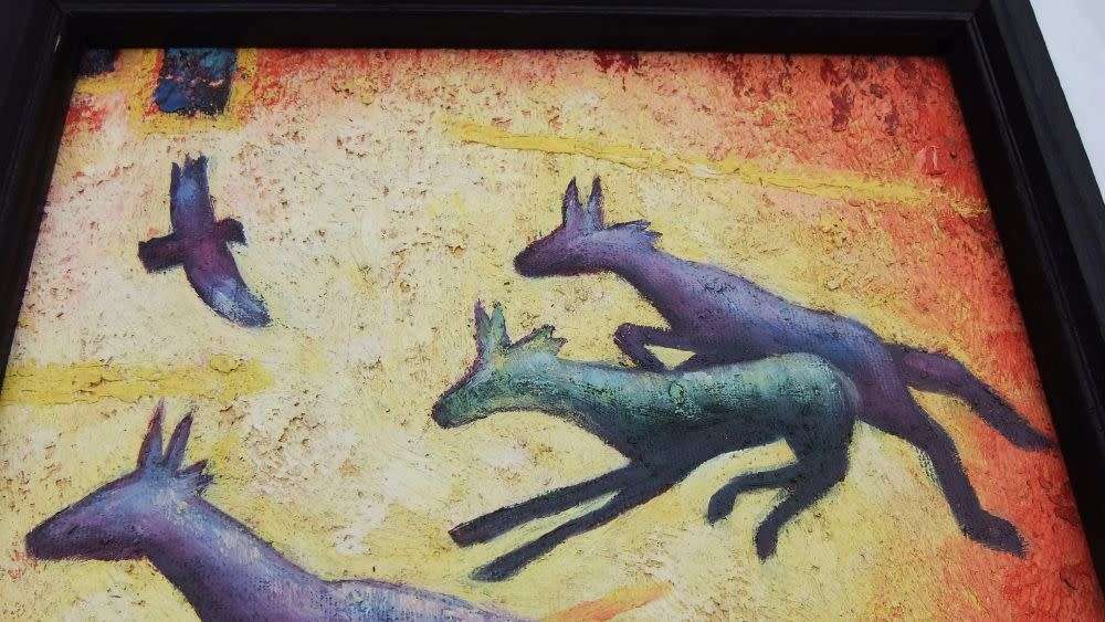 AN EYE CATCHING SIGNED OIL ON BOARD PAINTING OF WILDLIFE WITH COLOURFUL BACKGROUND