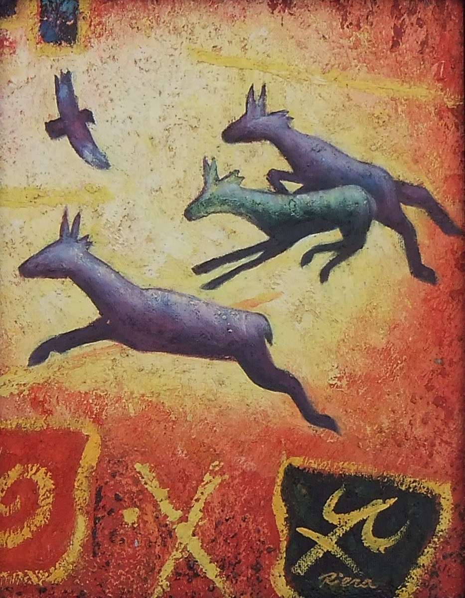 AN EYE CATCHING SIGNED OIL ON BOARD PAINTING OF WILDLIFE WITH COLOURFUL BACKGROUND