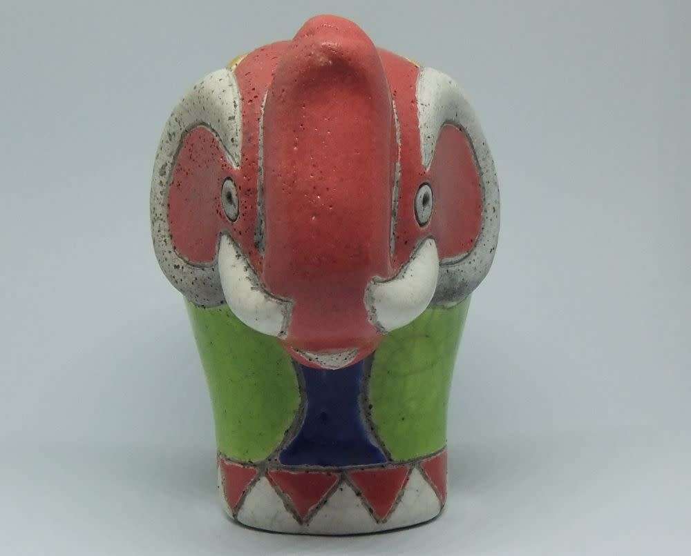 A COLOURFUL SIGNED VINTAGE RAKU POTTERY ELEPHANT FIGURINE