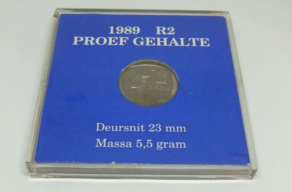 R50 SALE !! AN ENCAPSULATED 1989 PROOF QUALITY SOUTH AFRICAN R2 COIN